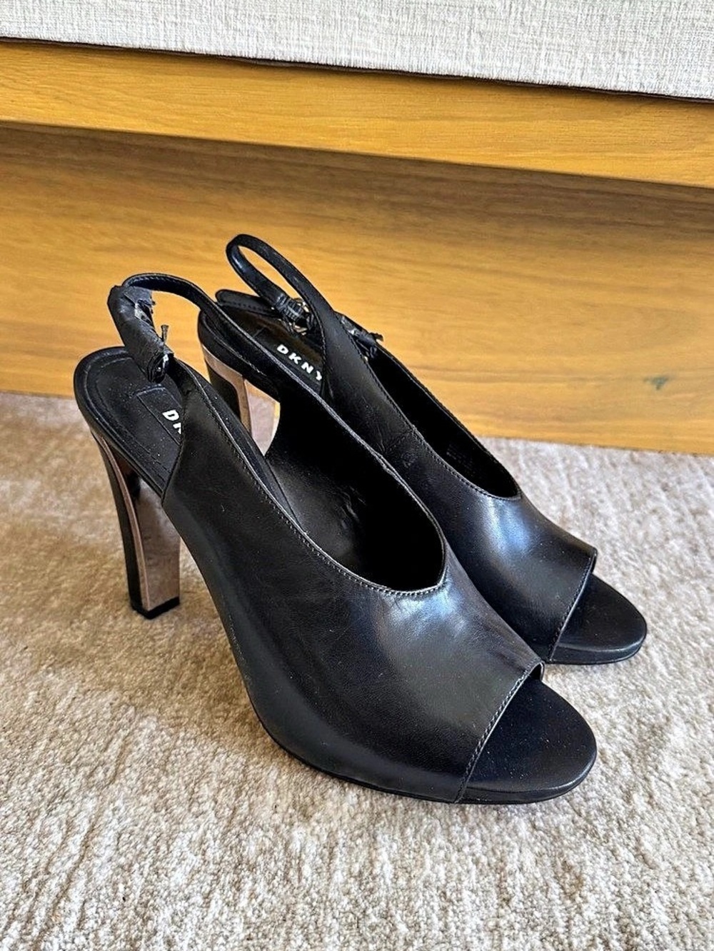 DKNY Leather Peep Toe Heels Black US 8